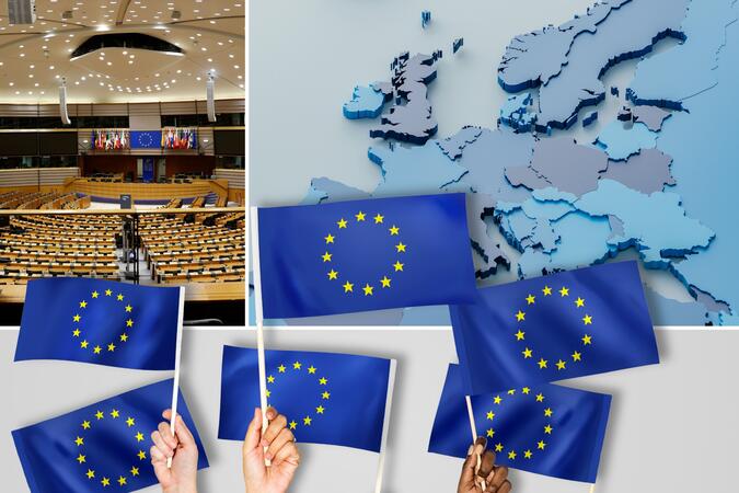 Collage mit EU Flaggen, EU Karte und dem inneren im EU Parlament.