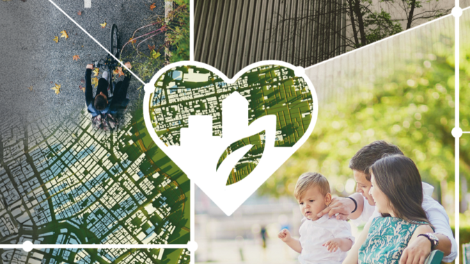 Collage aus Fahrradfahrer, Gebäudefassade mit Pflanzen, Familie im Park und Herz mit Stadtkarte.