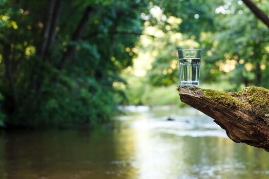 Ein Glas Wasser steht auf einem Felsen - im Hintergrund ein Fluss